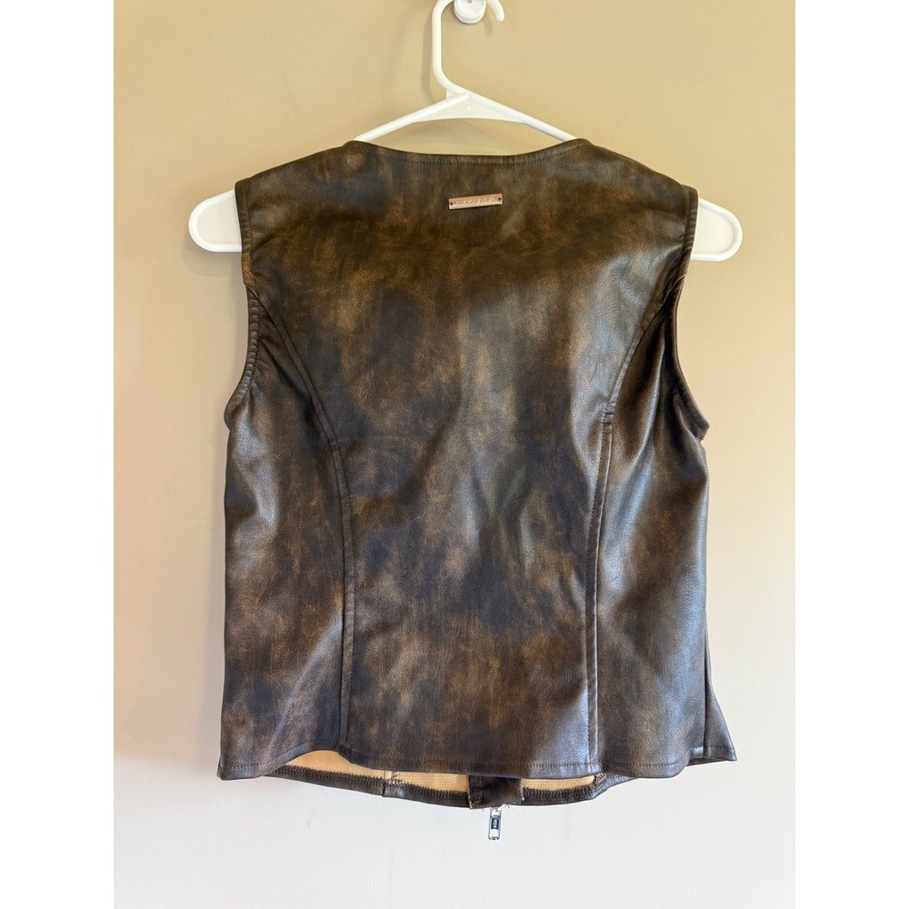 Sumwon Brown Distressed Faux Leather Vest Two-Way Zip Sleeveless Top Small NWT - Picture 3 of 3